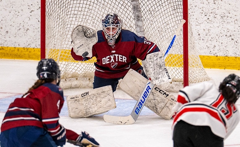 Annabelle Aitken made 29 saves in Dexter Southfield's win over St. Paul's. (Patrick Donnelly/NEHJ)