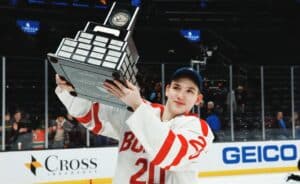Will Lane Hutson and Boston University lift a trophy this season in Hockey East? (Richard T Gagnon/Getty Images)