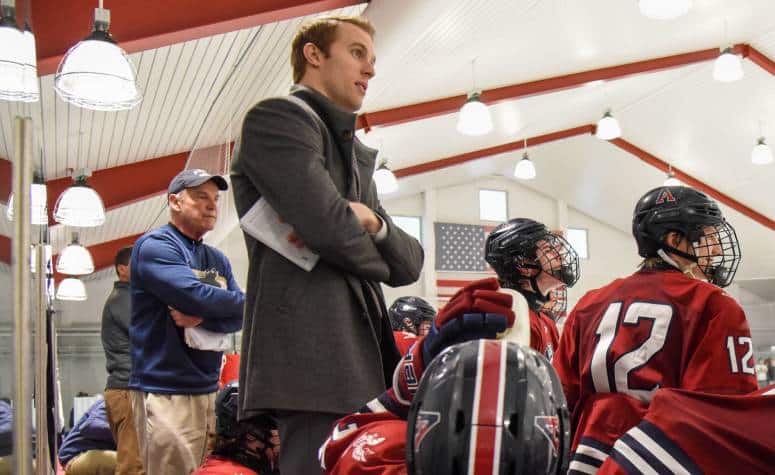 From left: John Gardner and Mark Naclerio behind the Avon Old Farms bench. (Evan Sayles/Avon Old Farms School)